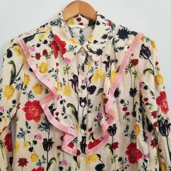 H&M Floral Fringe Button Down Blouse Size 6 - Picture 3 of 9